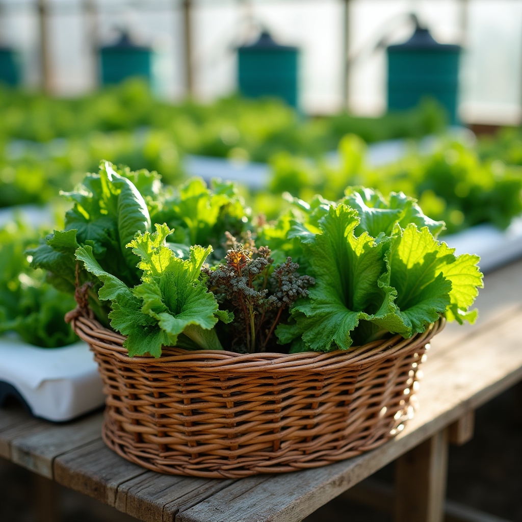 Cosecha de vegetales cultivados en sistema acuapónico