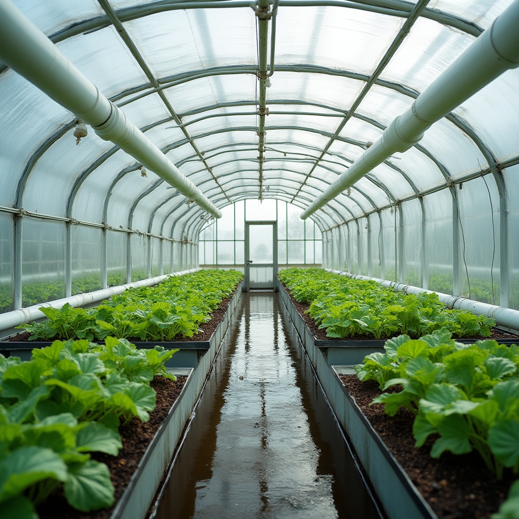 Invernadero con tanques de acuaponía y bandejas de cultivo de hortalizas