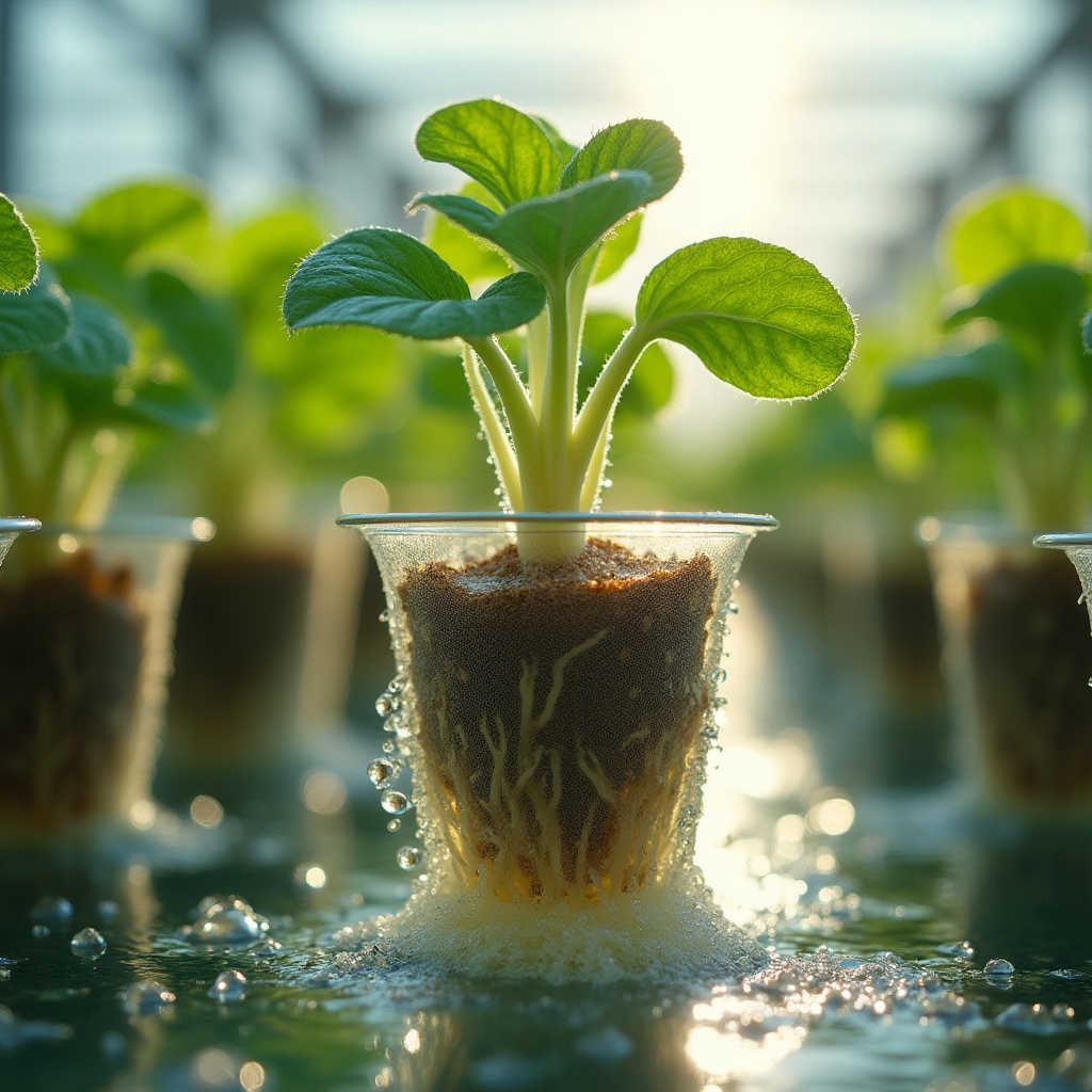 Plantines con raíces expuestas en sistema de raíz flotante